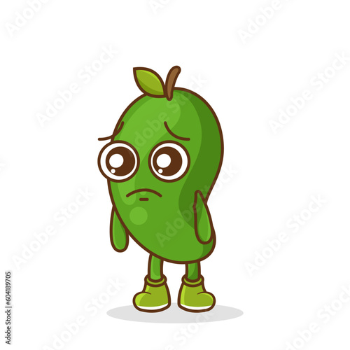 Cute sad green mango fruit character, green mango character with sad emotion, face, depressive eyes