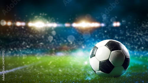 Soccer ball on stadium, football arena banner background in neon light ai generative  © adel