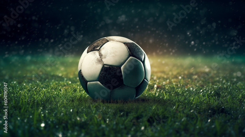 Soccer ball on stadium, football arena banner background in neon light ai generative 