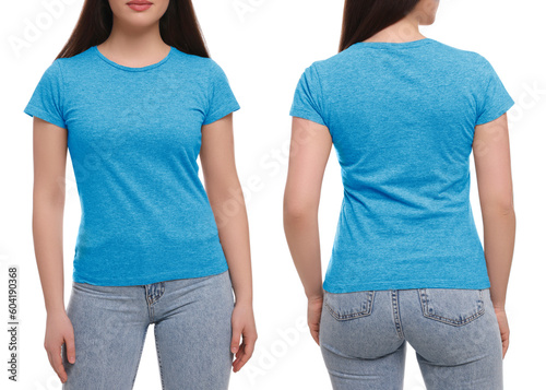 Collage with photos of woman in light blue t-shirt on white background, closeup. Back and front views for mockup design