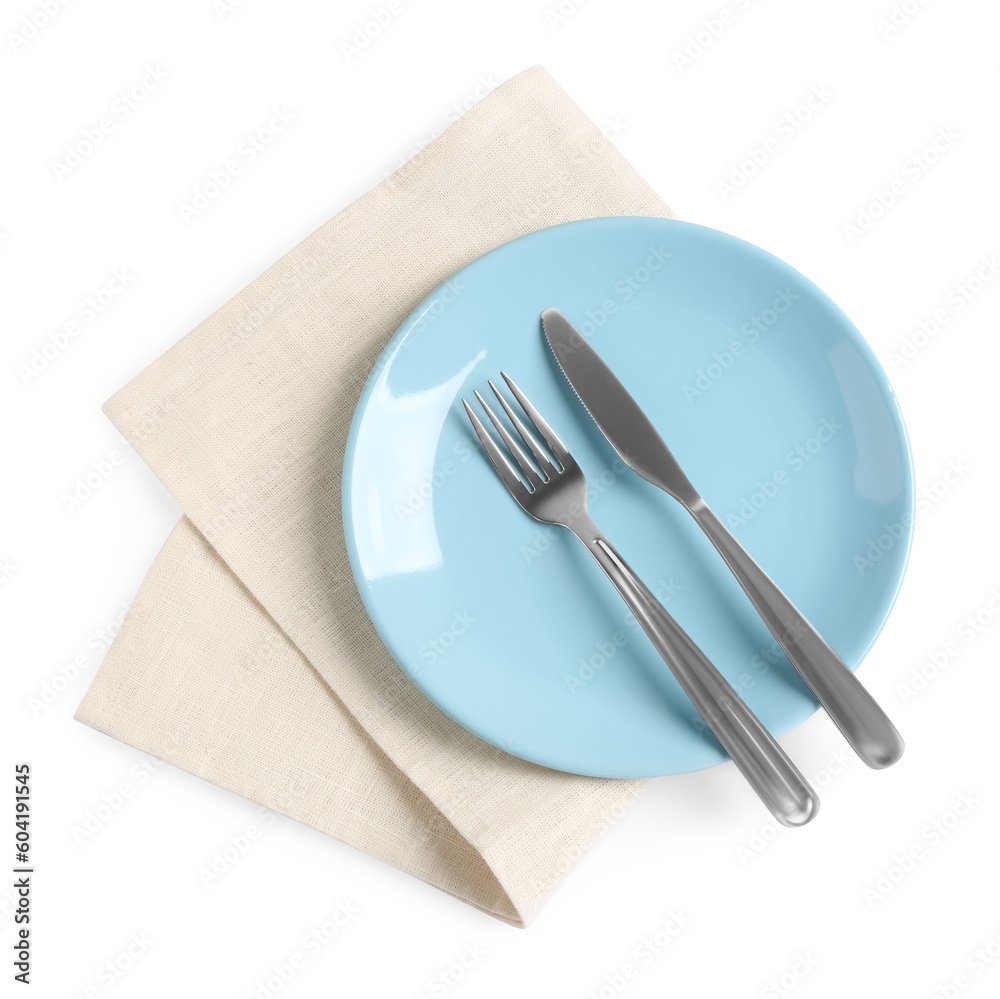 Plate, fork and knife on white background, top view Plate, fork and knife on white background, top view