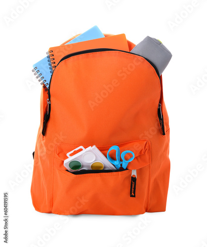 Stylish backpack with school stationery on white background