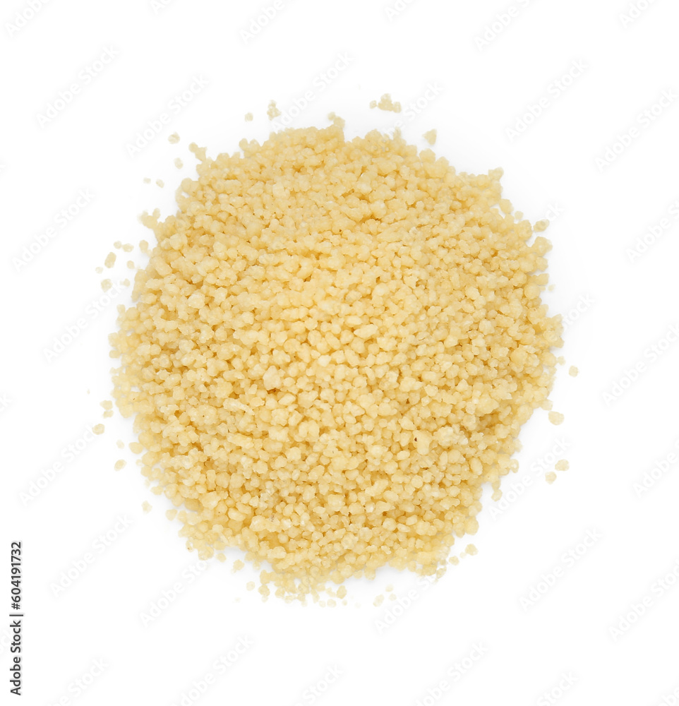 Pile of raw couscous on white background, top view Pile of raw couscous on white background, top view