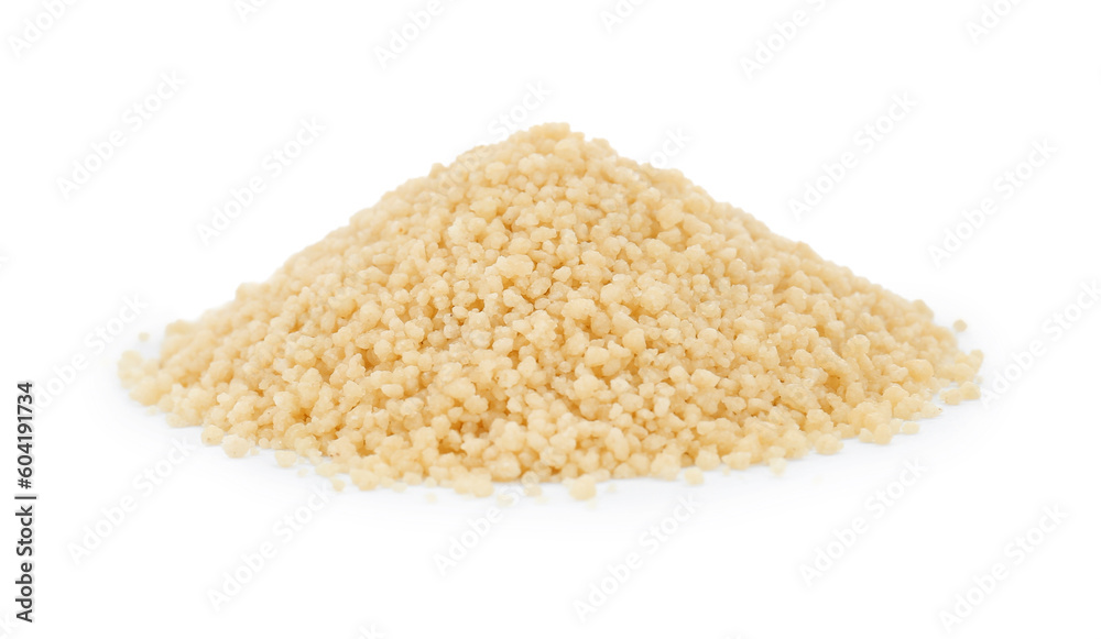 Pile of raw couscous on white background