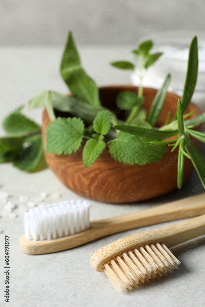 Toothbrushes and green herbs on light grey table, closeup Toothbrushes and green herbs on light grey table, closeup