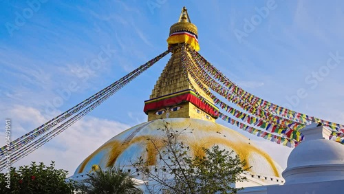 Picturesque golden Boudhanath Stupa in Kathmandu, Nepal with Parallax tracking movement