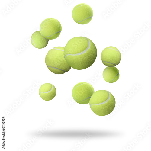 Many tennis balls falling on white background © New Africa