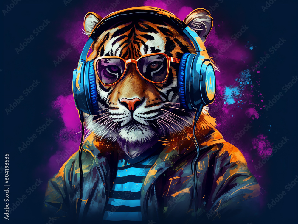 Hipster tiger wearing sunglasses, coat and headphones listening to music - Generative AI