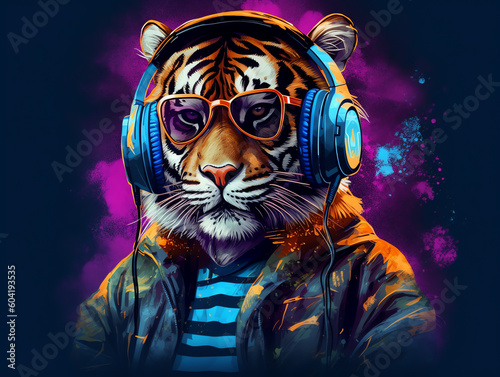 Hipster tiger wearing sunglasses, coat and headphones listening to music - Generative AI