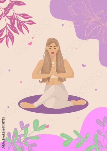Beautiful background with a young girl in Gomukhasana pose. Romantic vector design with lady, leaves, flowers and abstract shapes for poster or greeting card.