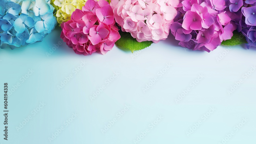 Several colorful hydrangea flowers on a blue background. . Generative AI