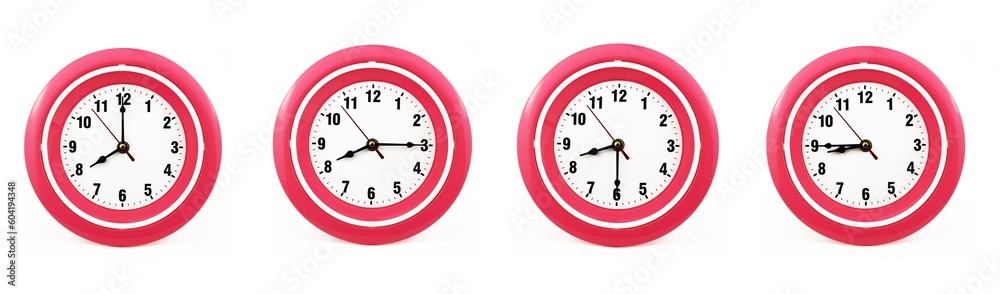 close up of a set of red wall clocks showing the time; 8, 8.15, 8.30 and 8.45 p.m or a.m. Isolated on white background
 - obrazy, fototapety, plakaty 