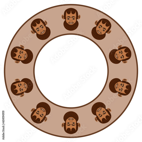 Round ethnic frame with heads of ancient Greek satyr. Vase painting style. Circular border ornament with bearded antique masks. 