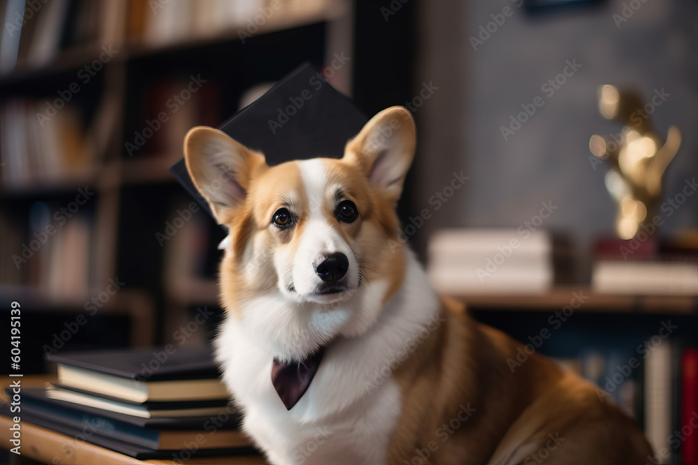 Welsh corgi puppy student with graduation cap , book shelves on the background. Created using generative AI tools.