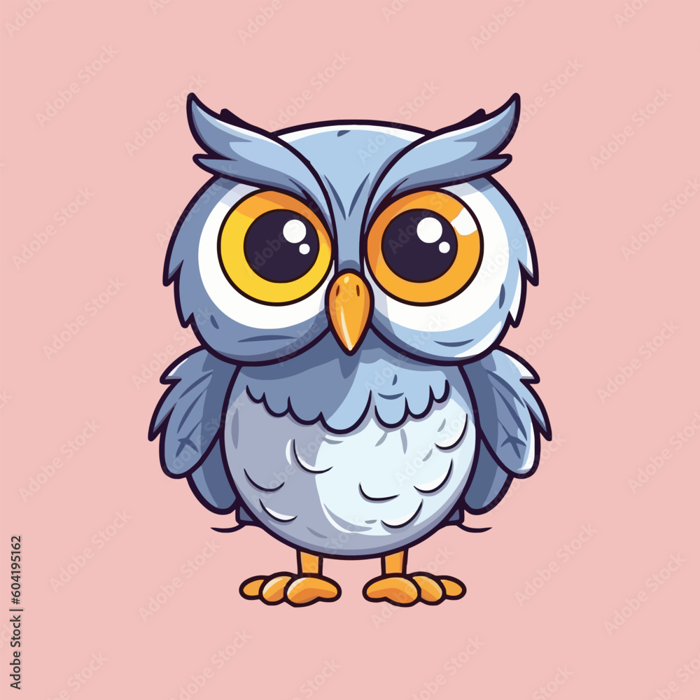 Fototapeta premium Cute cartoon owl on pink background. Vector illustration isolated on a white background