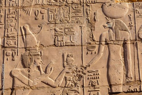 Stone Carvings and Hieroglyphs at Karnak Temple, Luxor, Thebes, UNESCO World Heritage Site, Egypt photo