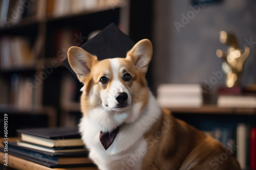 Welsh corgi puppy student with graduation cap   book shelves on the background. Created using generative AI tools.