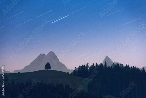 Star trail in the night sky over a lone tree on hill and Schreckhorn peak, Sumiswald, Emmental, Bern canton, Switzerland