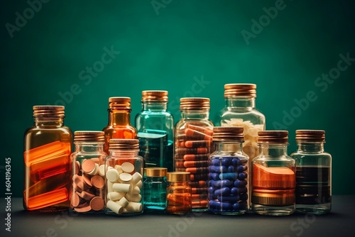 several medicine bottles with pills and aspirins, Generative AI, medication containers, pharmaceutical vials, pill bottles photo