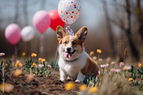 Cute corgi dog with balloons and a party hat. Created using generative AI tools. © sderbane