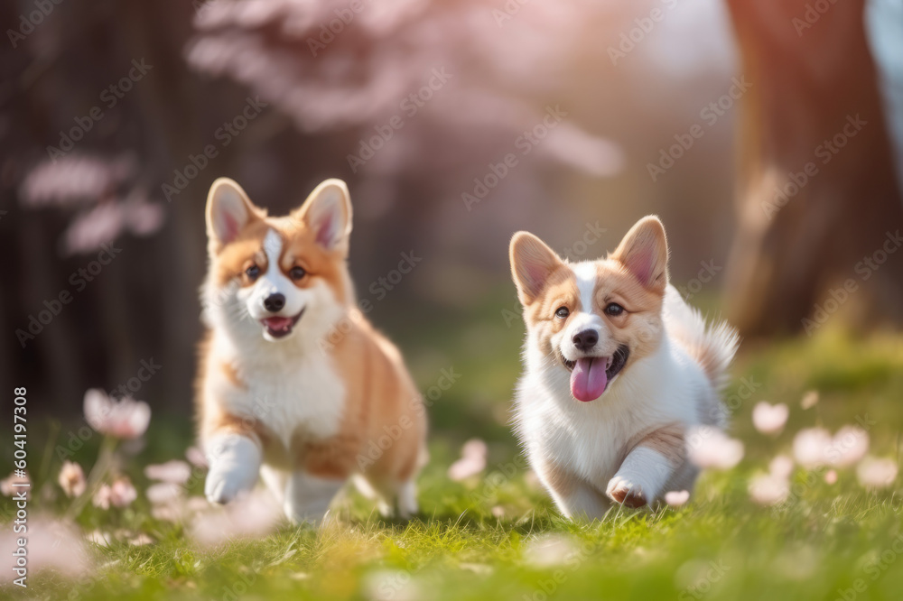Group of the corgi dogs sitting on green grass, blooming trees on the background