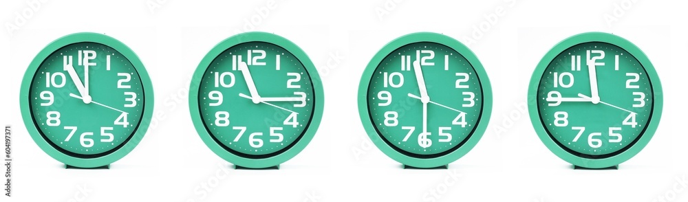 close up of a set of green clocks showing the time; 11, 11.15, 11.30 and 11.45 p.m or a.m. Isolated on white background
 - obrazy, fototapety, plakaty 