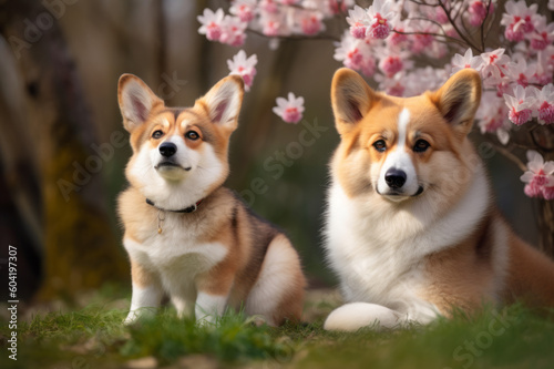 Group of the corgi dogs sitting on green grass, blooming trees on the background