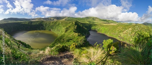Panorama from Miradouro over Caldeira Negra e Lagoa Comprida, two lakes of volcanic origin on Flores island, Azores islands, Portugal, Atlantic Ocean photo