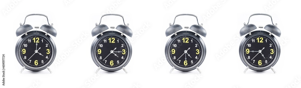 close up of a set of black alarm clocks showing the time; 4, 4.15, 4.30 and 4.45 p.m or a.m. Isolated on white background
 - obrazy, fototapety, plakaty 
