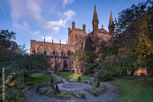 Chester Cathedral from the Remembrance Garden in autumn, Chester, Cheshire, England, United Kingdom photo