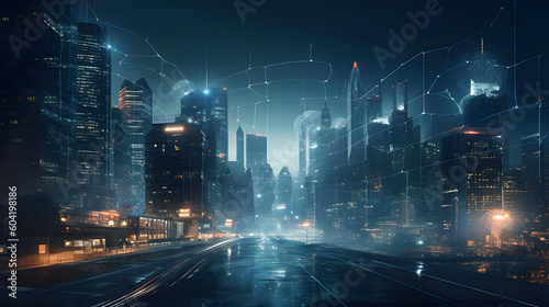 The power of connectivity in the digital age by capturing a panoramic view of a futuristic smart city Generative AI.