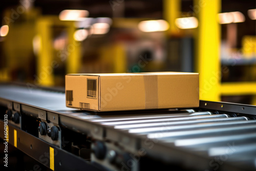 A brown package rolls down a conveyor belt in the shipping department of a logistics company. Concept photo for shipping and online trading