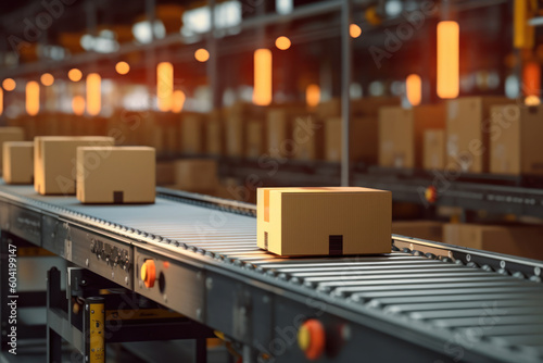 some brown packages rolls down a conveyor belt in the shipping department of a logistics company. Concept photo for shipping and online trading