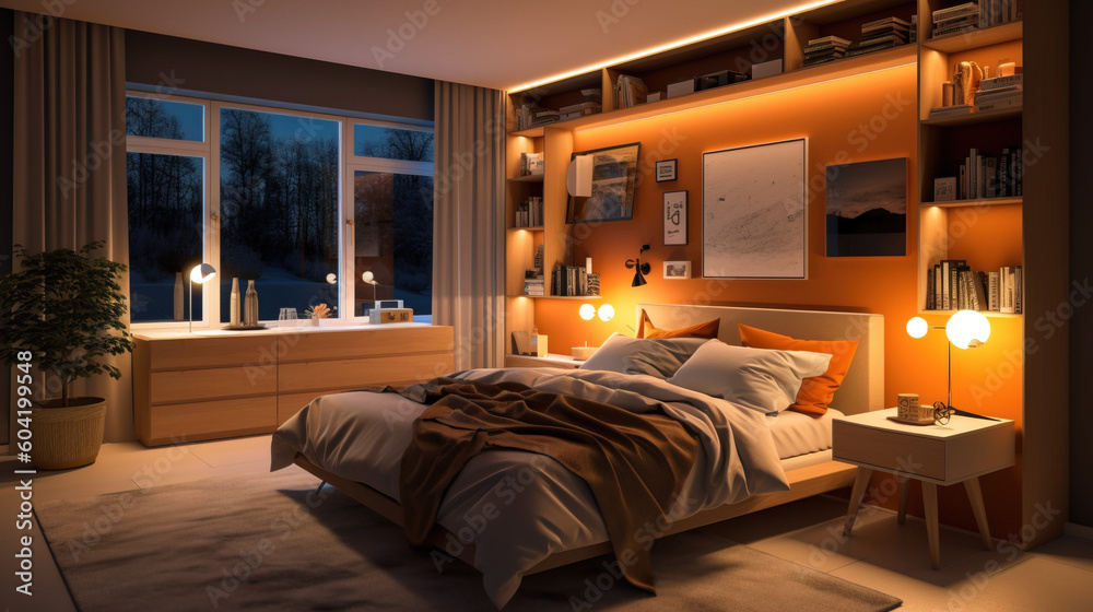 Comfortable bedroom with smart lighting, temperature control, and sleep monitoring Comfortable bedroom with smart lighting, temperature control, and sleep monitoring