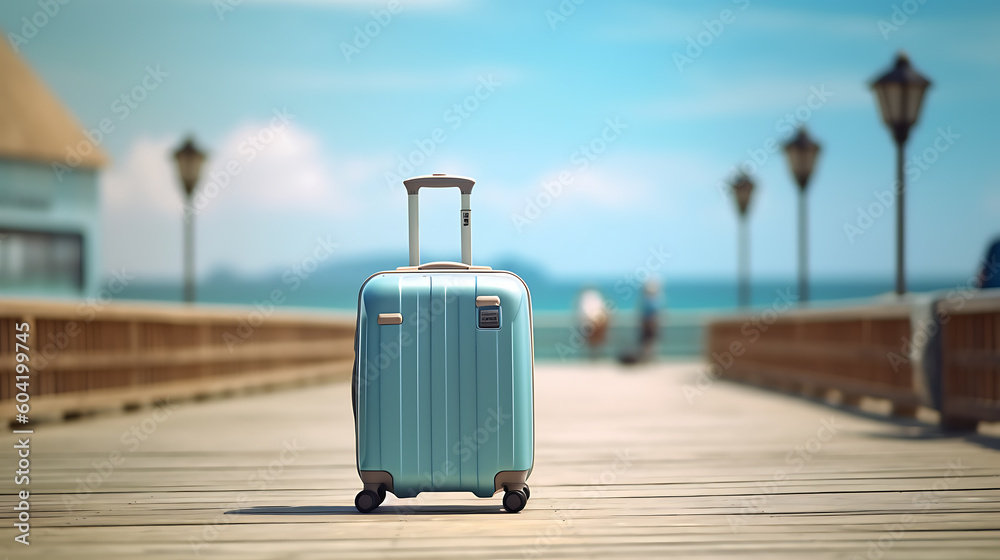 Suitcase with blurred beach background. Business travel concept, Generative AI Technology Suitcase with blurred beach background. Business travel concept, Generative AI Technology