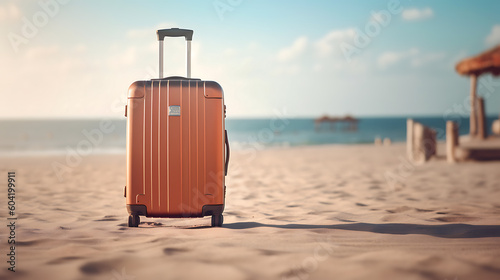 Suitcase with blurred beach background. Business travel concept  Generative AI Technology 