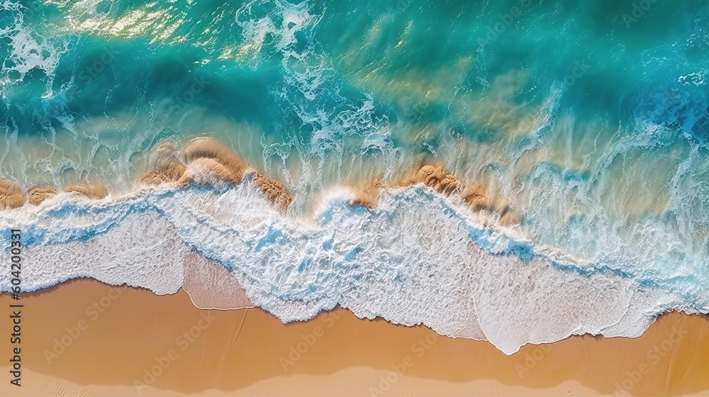 Aerial view of beach waves and fantastic sand beach, summer vacation holidays background, Generative AI Technology Aerial view of beach waves and fantastic sand beach, summer vacation holidays background, Generative AI Technology