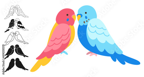 Couple parrots tropical bright childish cartoon set. Exotic budgerigar lovers parrots sitting silhouette outline sign or engraved summer collection. Wildlife jungle Hawaiian cute bird character vector