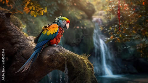 parrot is sitting on a branch near a waterfall. Generative Ai