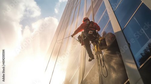 Professional climber rope access worker cleaning the windows on the high rise building. Generative Ai photo