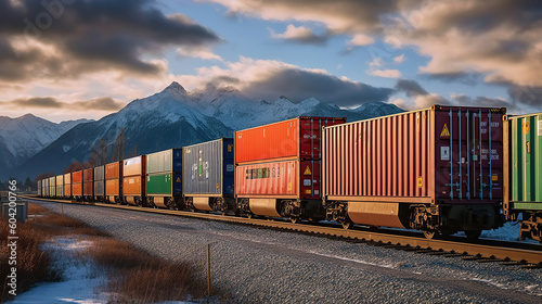 Freight train with cargo containers, generative ai.