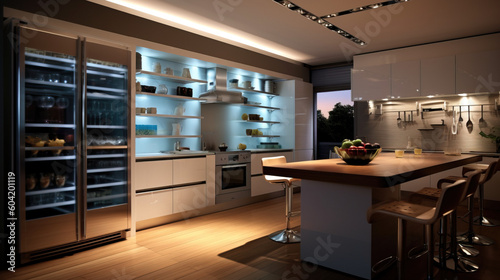 Modern kitchen with voice-activated appliances and smart lighting system