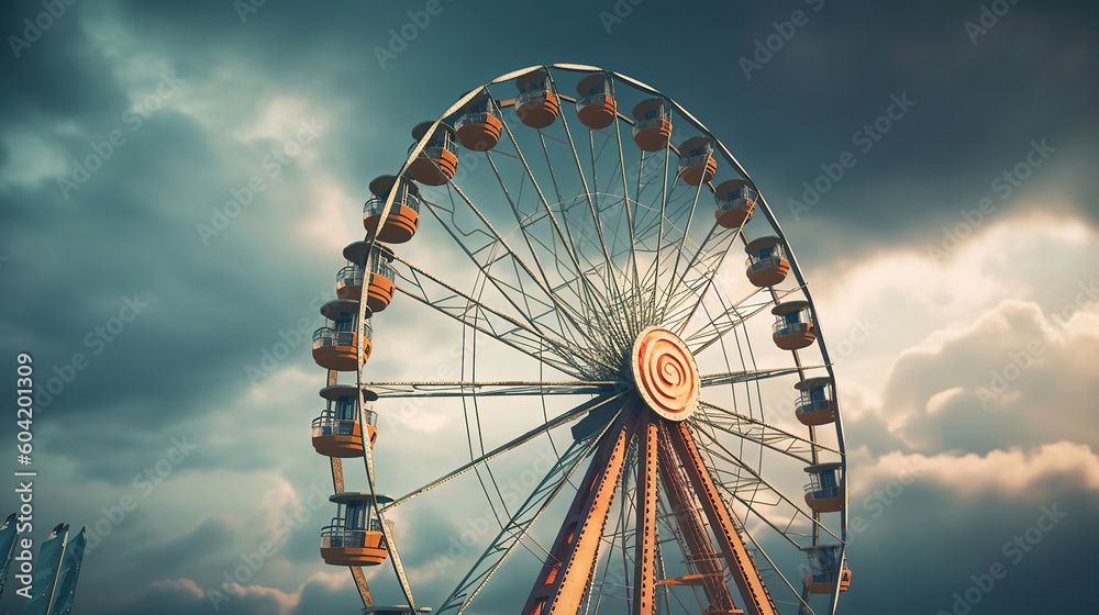 Ferris wheel on cloudy sky background. Generative Ai