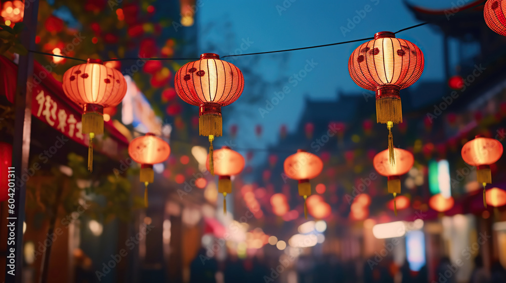 Chinese new year lanterns in china town. Generative Ai - obrazy, fototapety, plakaty 