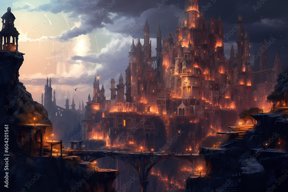 Castle landscape, dark, fire