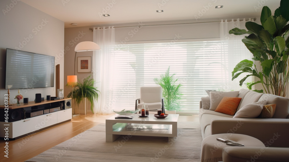 Smart living room with voice-controlled entertainment system and automated blinds