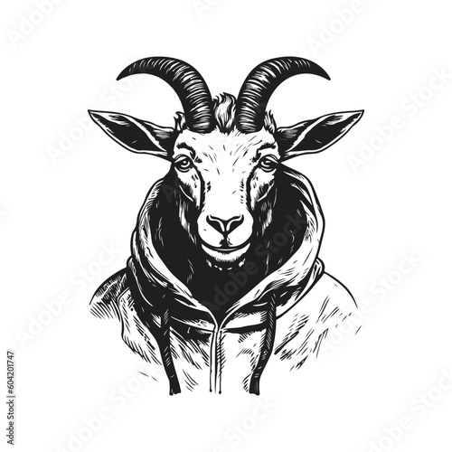 goat wearing hoodie, vintage logo line art concept black and white color, hand drawn illustration