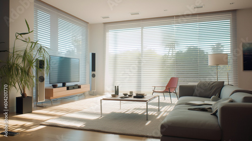 Smart living room with voice-controlled entertainment system and automated blinds