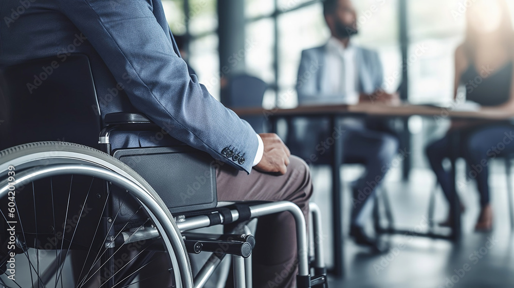 Disabled Man on Wheelchair in Office. Generative Ai