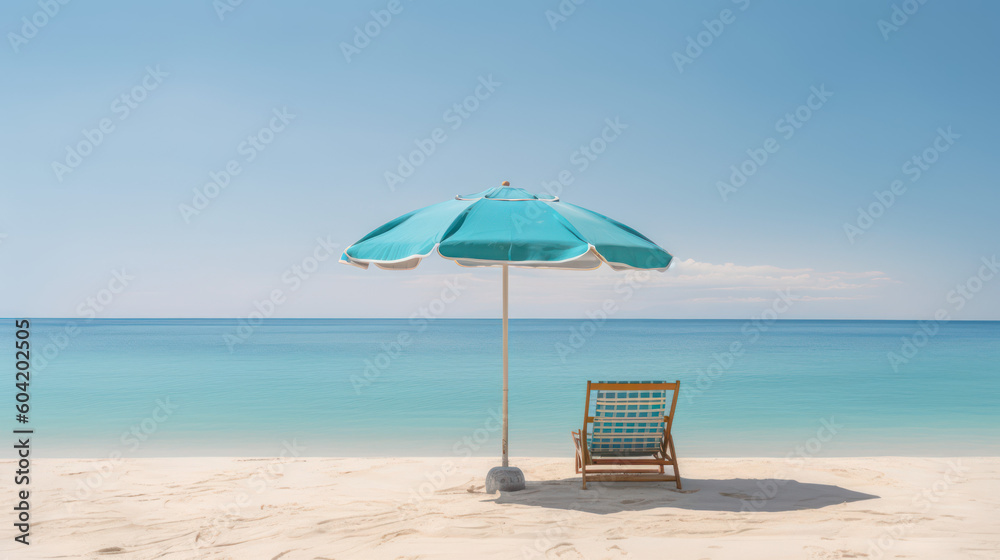 Solitude by the Shore: A Lone Beach Chair and Umbrella Against Turquoise Water, Generative AI